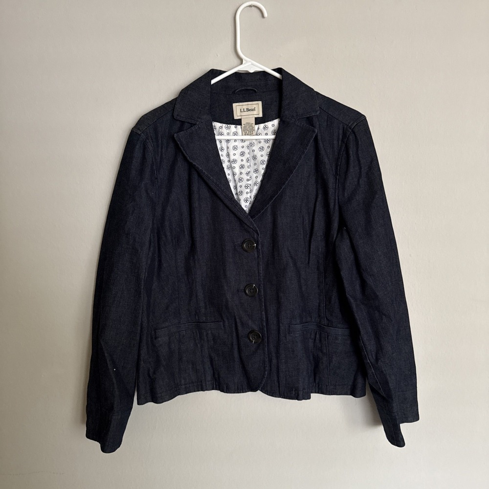 LL BEAN Blazer Sport Coat Women's 12 P Reg Large Denim Jacket‎ Dark Blue Stretch